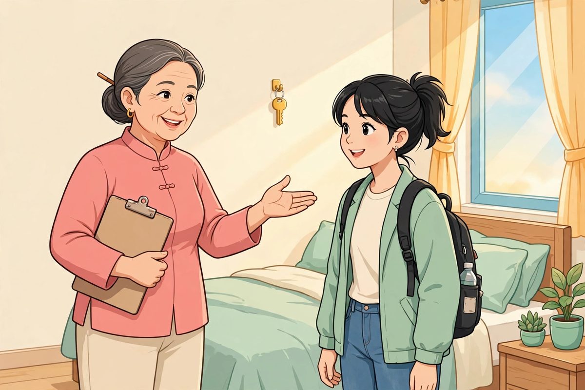Minh họa: cô chủ trọ thân thiện dẫn khách xem phòng trọ