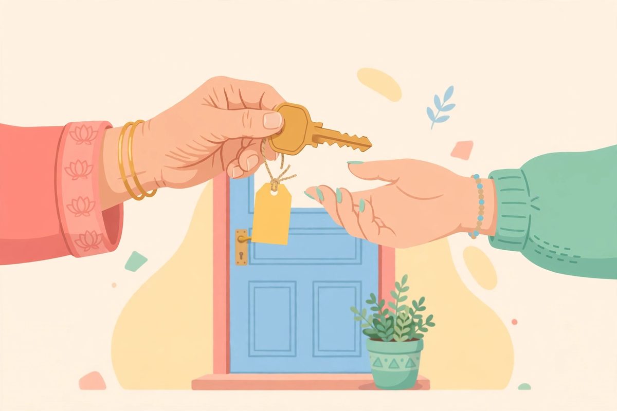 Minh họa: chủ trọ trao chìa khóa phòng cho người thuê